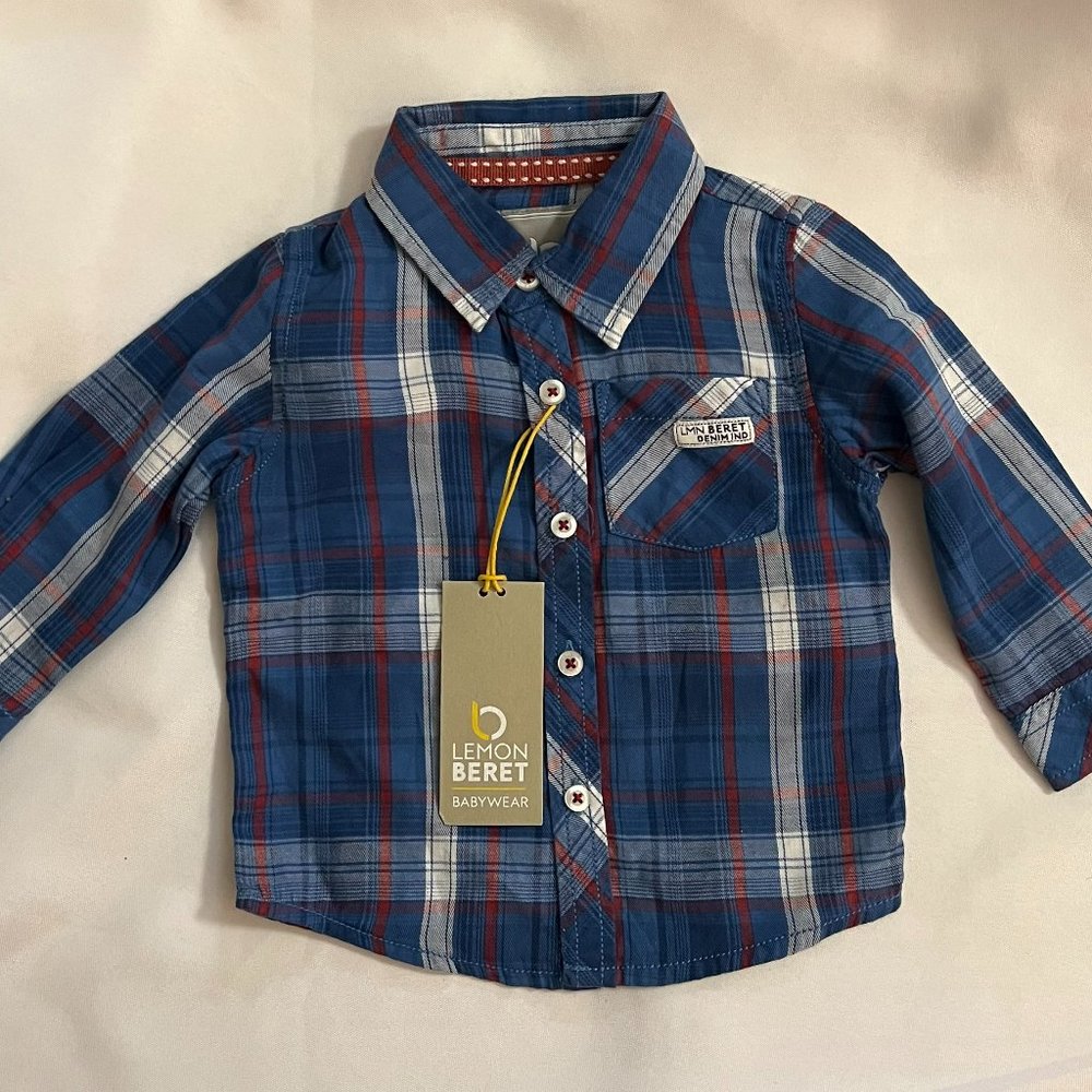 Lemon Beret Babwear Boys Blue Plaid Shirt Size 6M